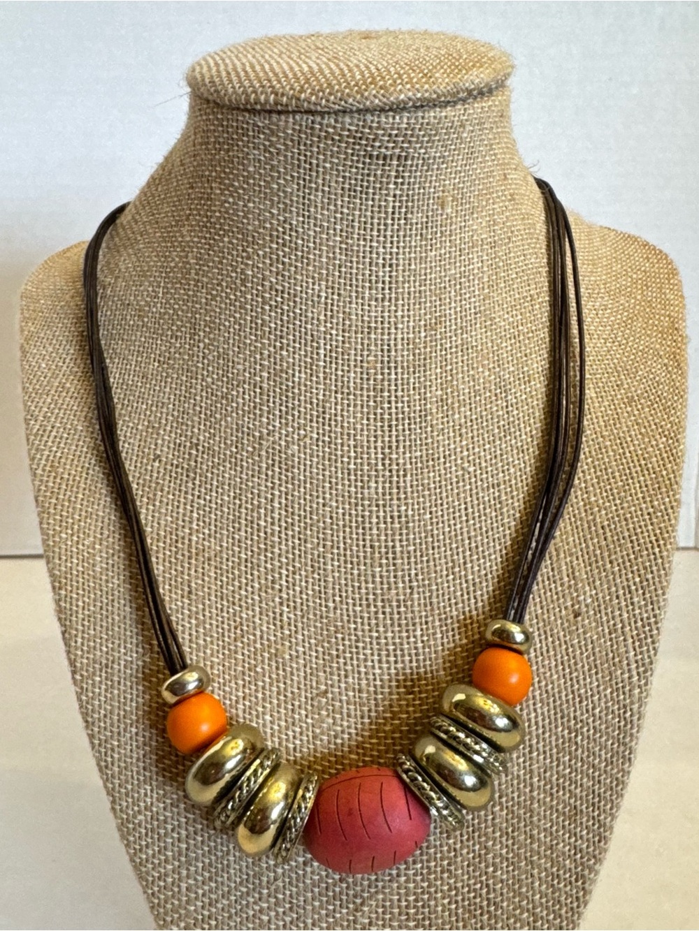 Chico's Necklace Orange Gold Beaded Chunky Leather Multi Stand Statement Jewelry - Picture 12 of 15